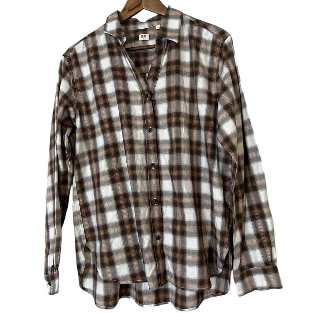 Uniqlo Brown Plaid Button Up Shirt Womens Sz M  Cabincore Trucker Fall Staple
